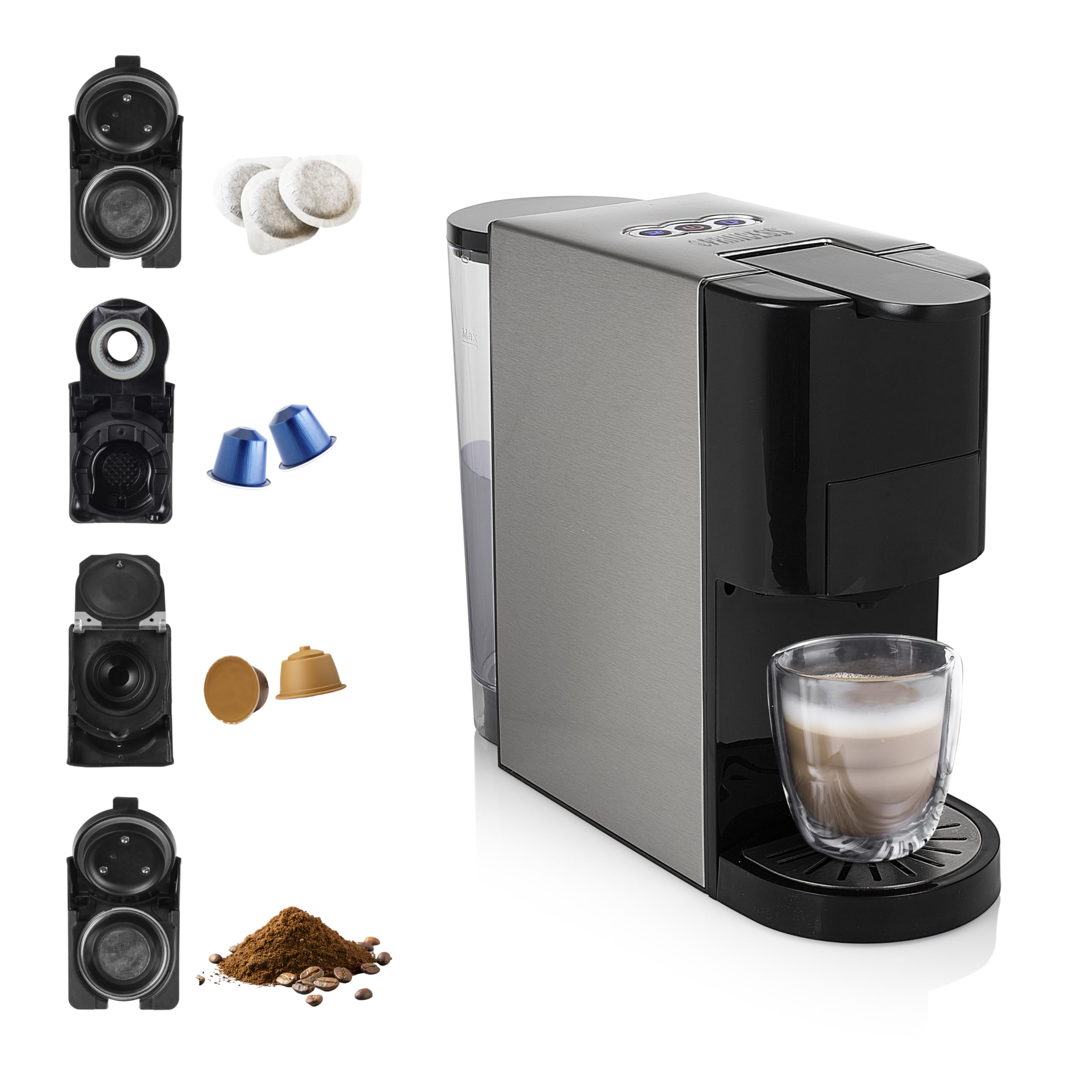Machine à café multi-capsules 4 en 1 – Capsules, dosettes, café moulu – 800 ml – 1450 W – Noir et argent - Premium Quality